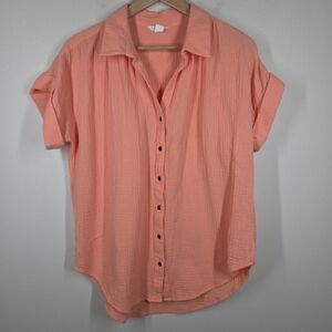 Caslon 100% Cotton Gauze Camp Shirt Button Up Coral Glow Coastal Beach Small